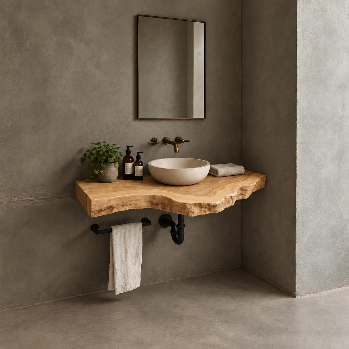Mid Century Solid Wood Floating Vanity With Live Edge For Powder Room