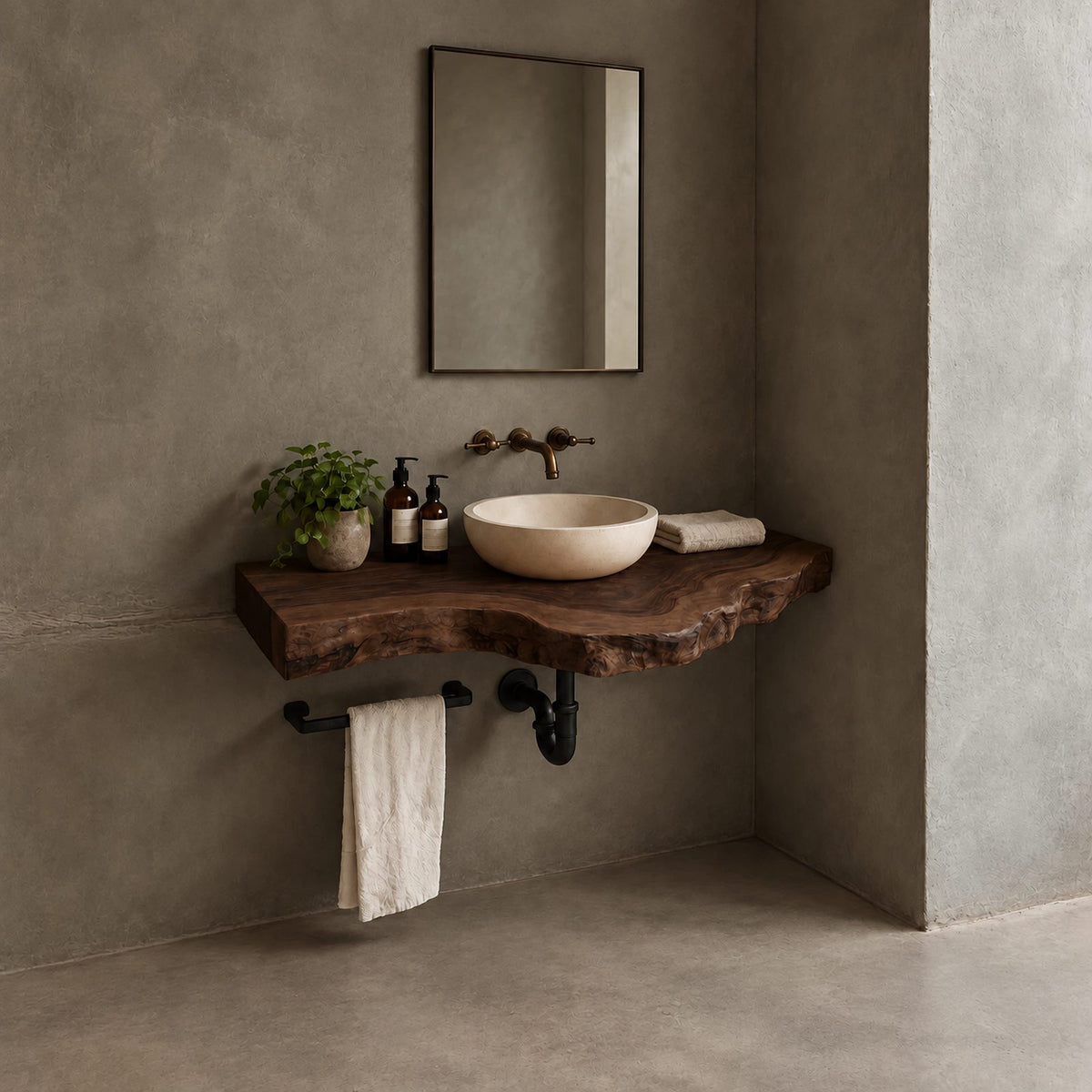 Mid Century Solid Wood Floating Vanity With Live Edge For Powder Room