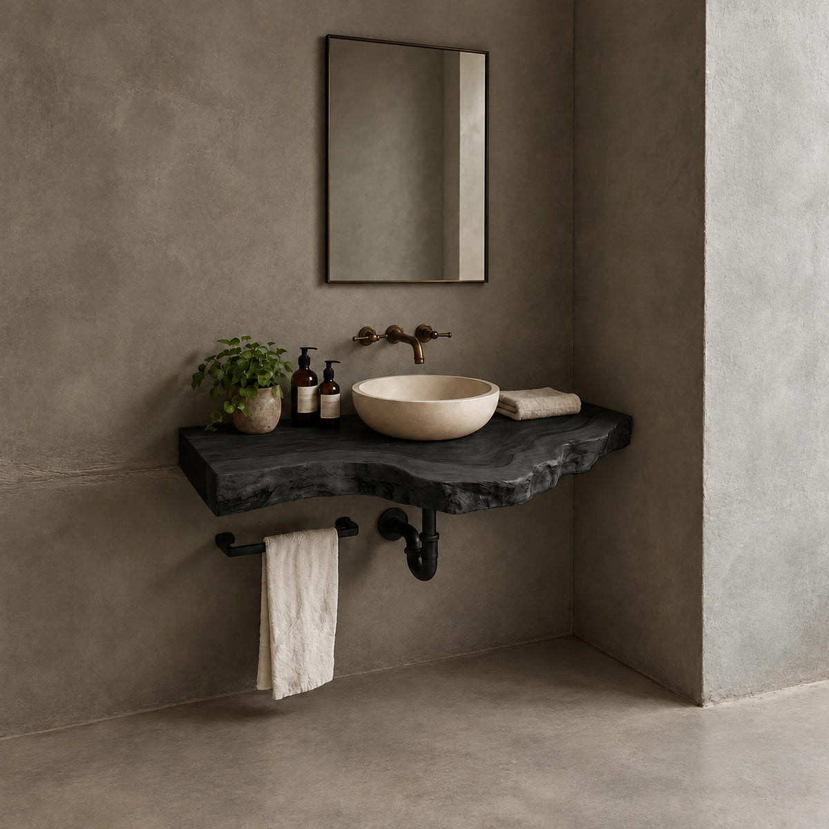 Mid Century Solid Wood Floating Vanity With Live Edge For Powder Room