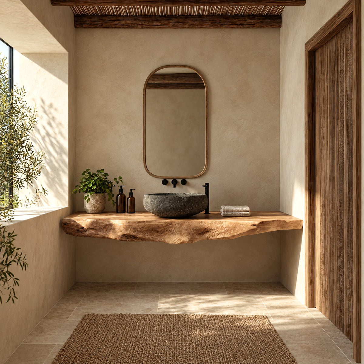 Minimalist Chunky Slab Wall Mounted Bathroom Vanity With Raw Live Edge