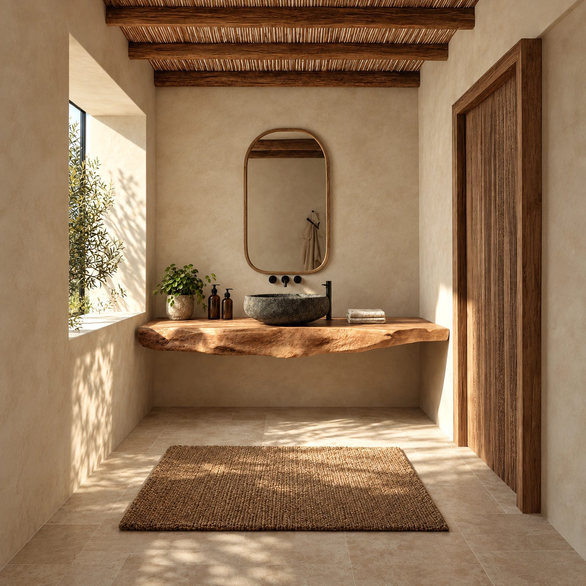 Minimalist Chunky Slab Wall Mounted Bathroom Vanity With Raw Live Edge