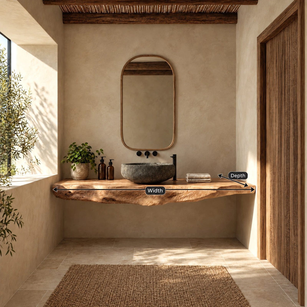 Minimalist Chunky Slab Wall Mounted Bathroom Vanity With Raw Live Edge