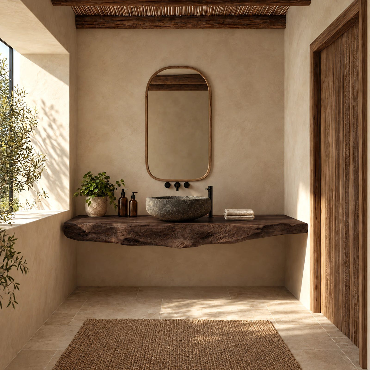 Minimalist Chunky Slab Wall Mounted Bathroom Vanity With Raw Live Edge
