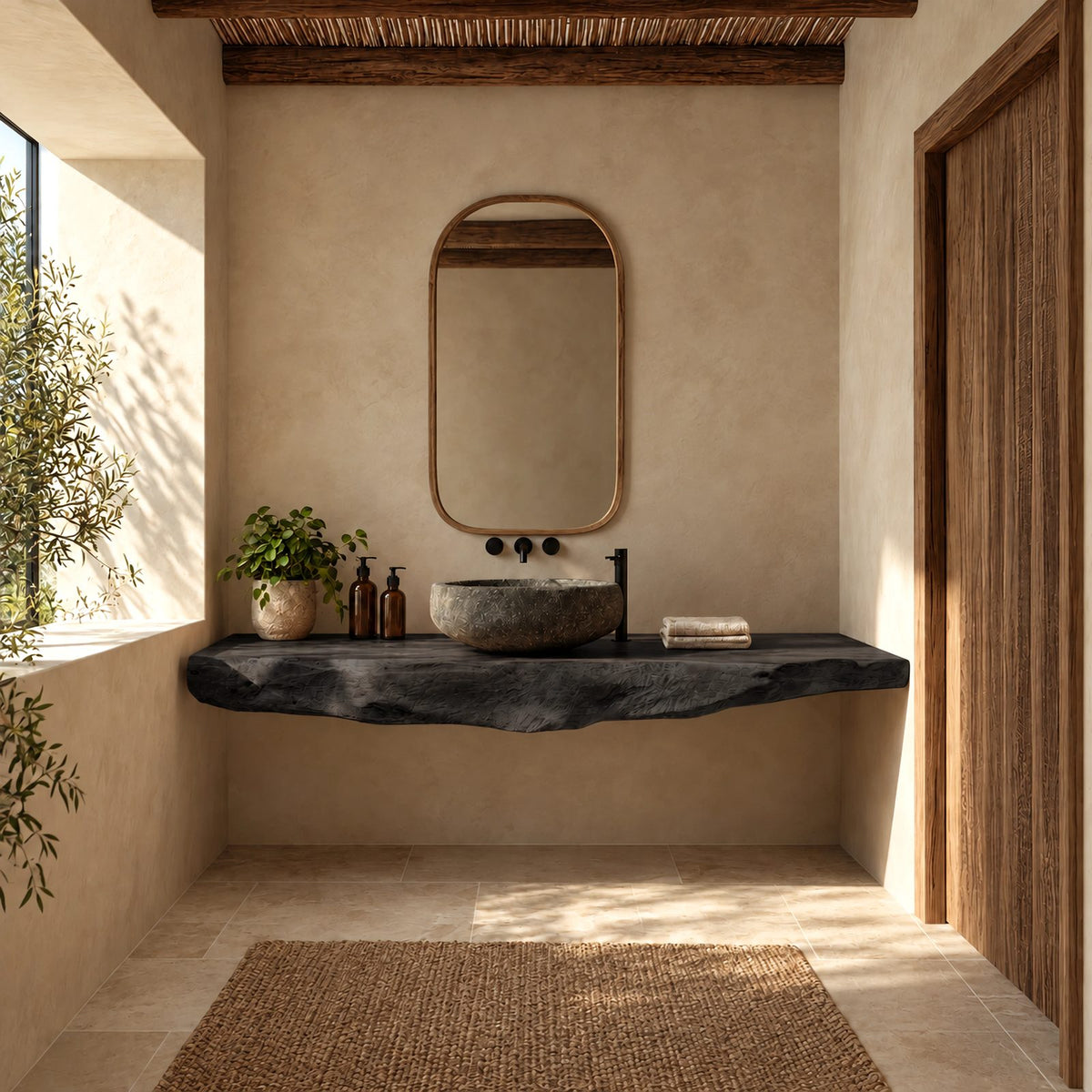 Minimalist Chunky Slab Wall Mounted Bathroom Vanity With Raw Live Edge