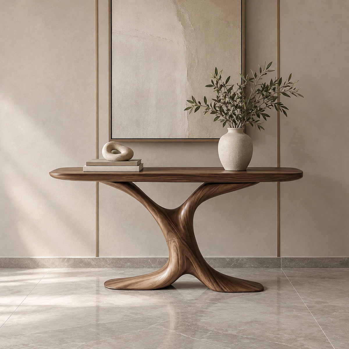 Modern Sculptural Wood Console Table With Y Shaped Trunk Base For Entryway