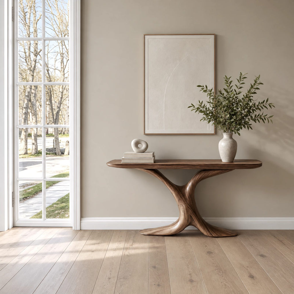 Modern Sculptural Wood Console Table With Y Shaped Trunk Base For Entryway