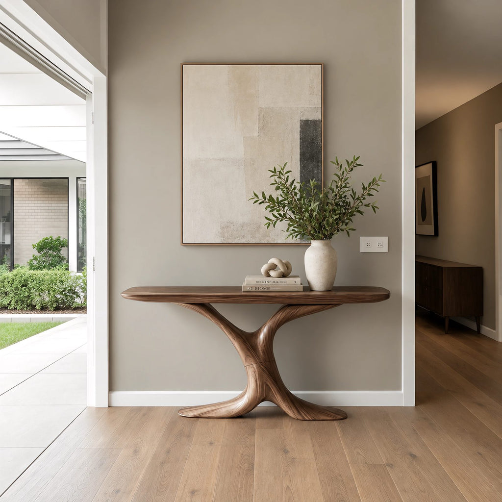 Modern Sculptural Wood Console Table With Y Shaped Trunk Base For Entryway