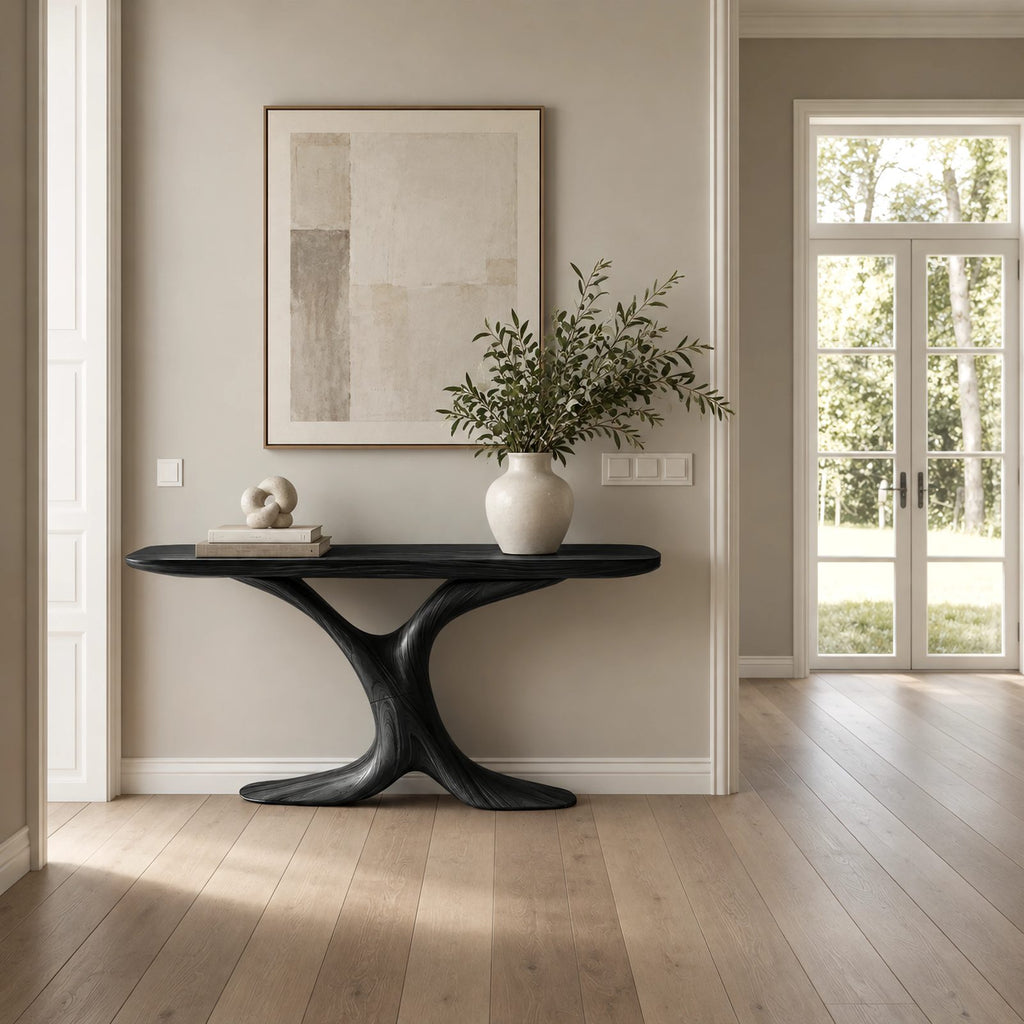 Modern Sculptural Wood Console Table With Y Shaped Trunk Base For Entryway