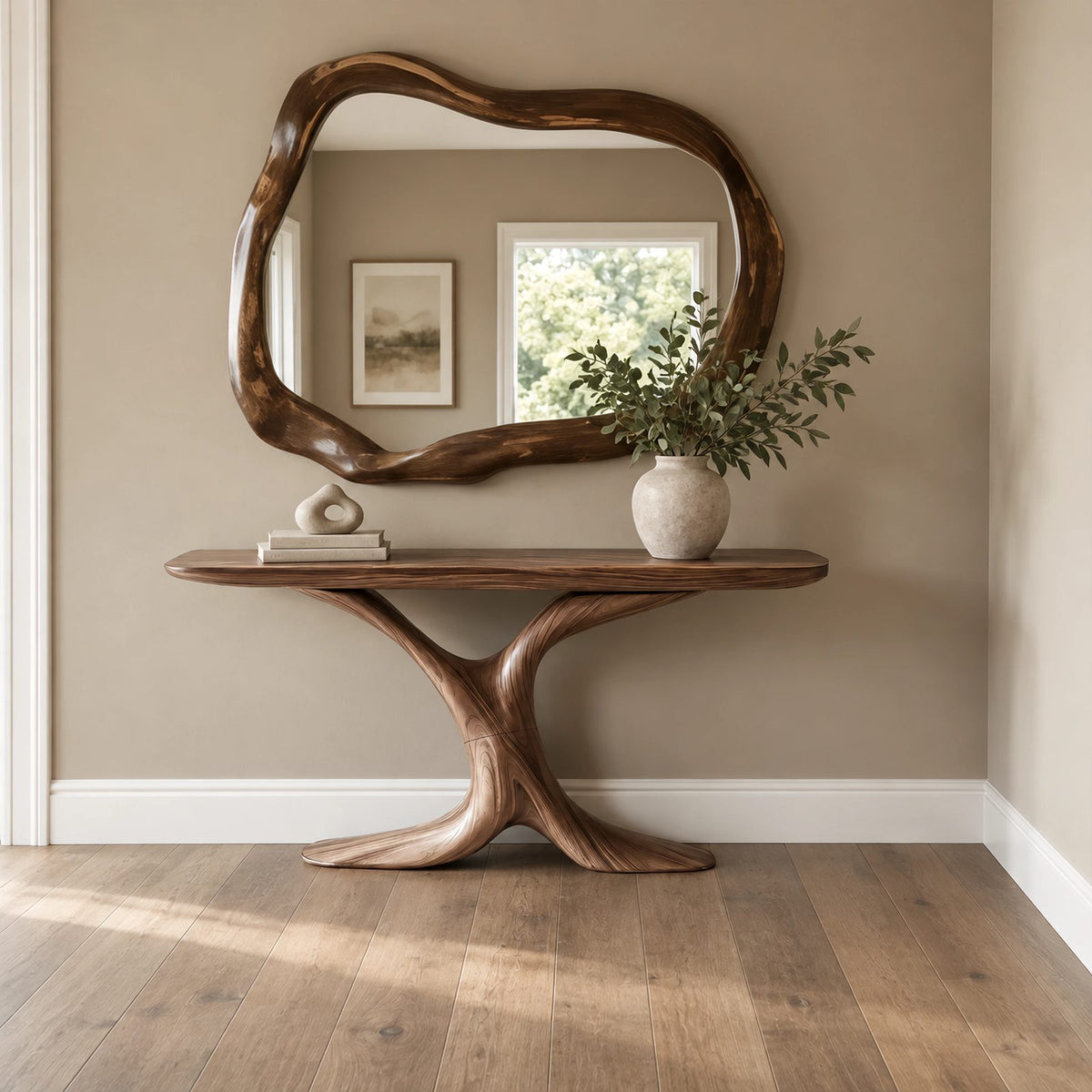 Modern Sculptural Wood Console Table With Y Shaped Trunk Base For Entryway