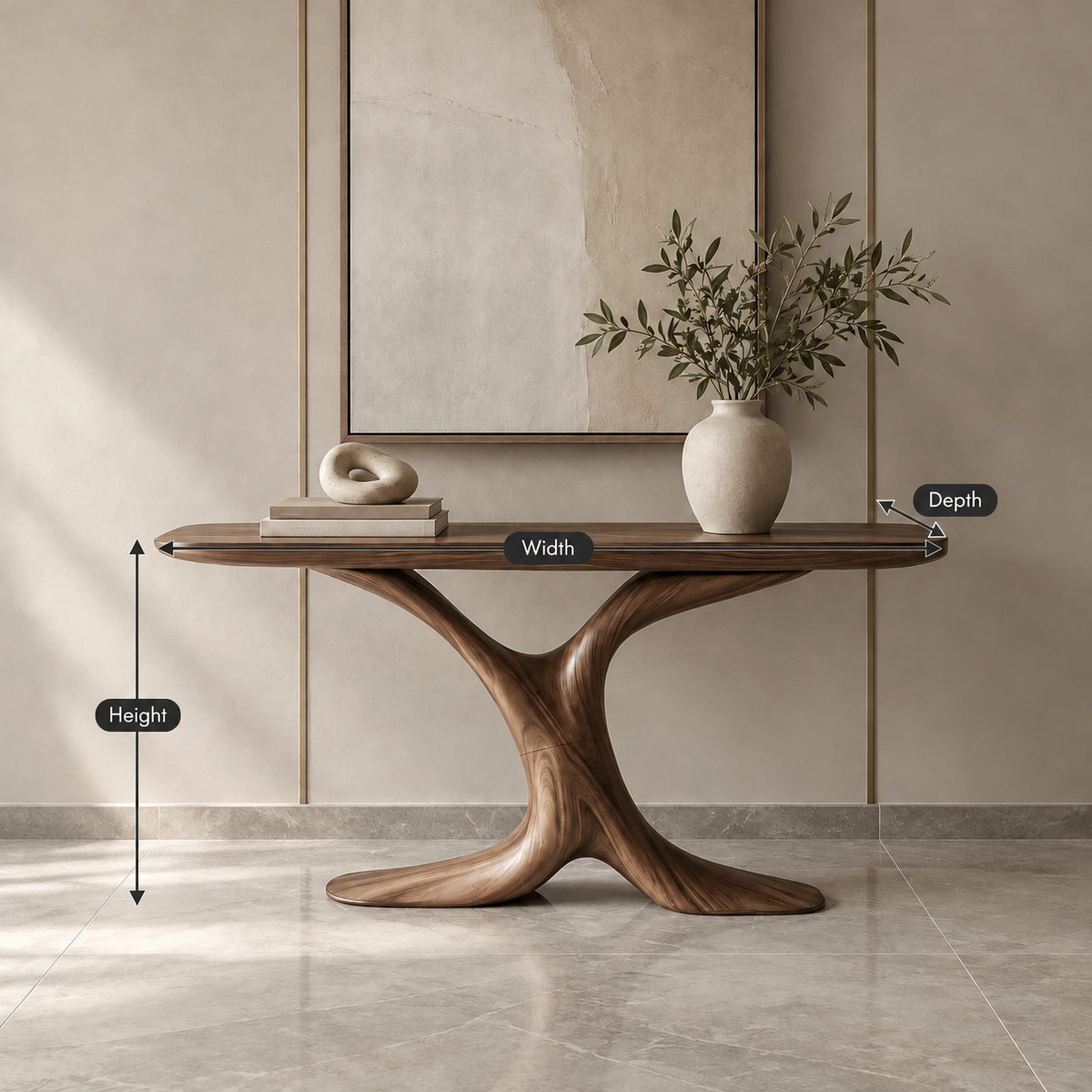 Modern Sculptural Wood Console Table With Y Shaped Trunk Base For Entryway