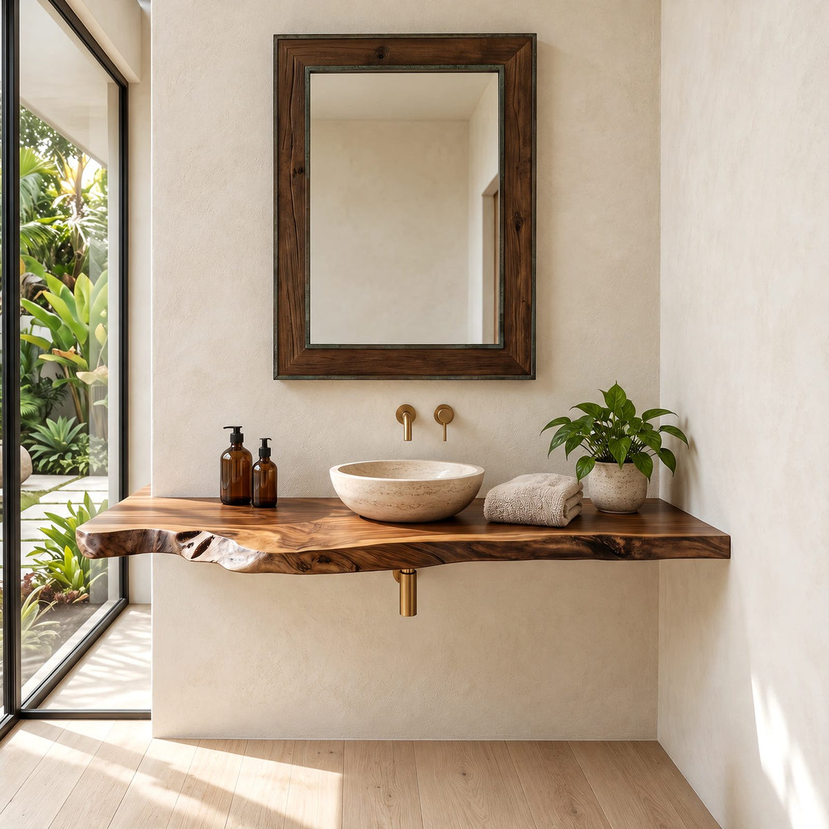 Contemporary Solid Wood Bathroom Vanity Top With Gnarled Live Edge