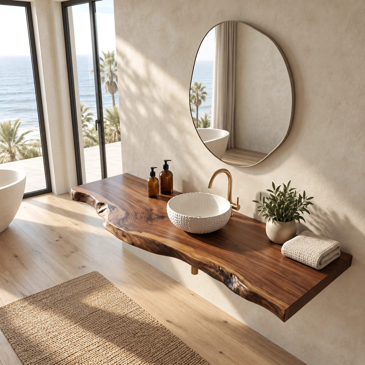 Contemporary Solid Wood Bathroom Vanity Top With Gnarled Live Edge
