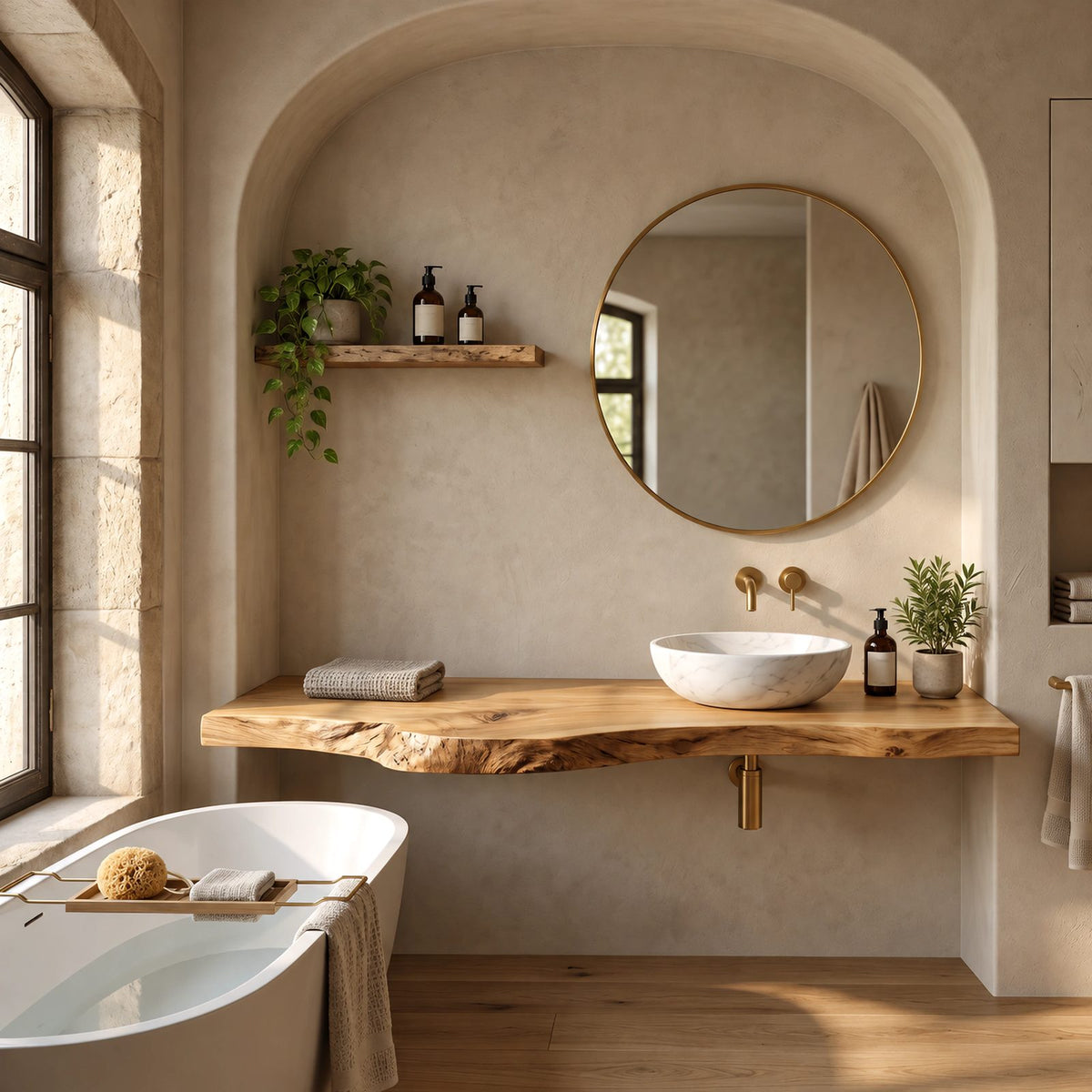 Contemporary Solid Wood Bathroom Vanity Top With Gnarled Live Edge
