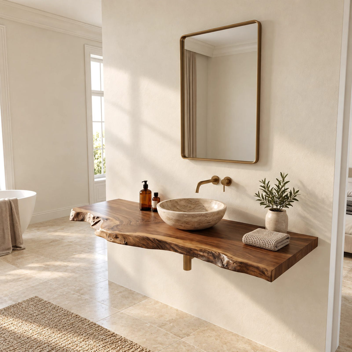 Contemporary Solid Wood Bathroom Vanity Top With Gnarled Live Edge