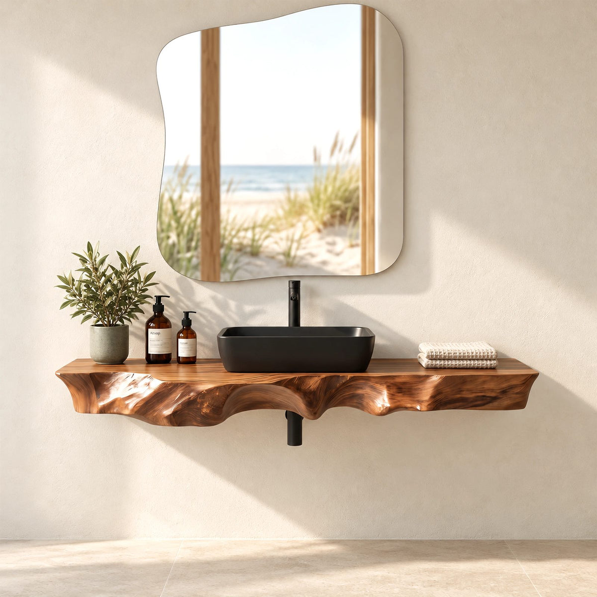 Handcrafted Floating Bathroom Vanity Top With Sculpted Drip Live Edge