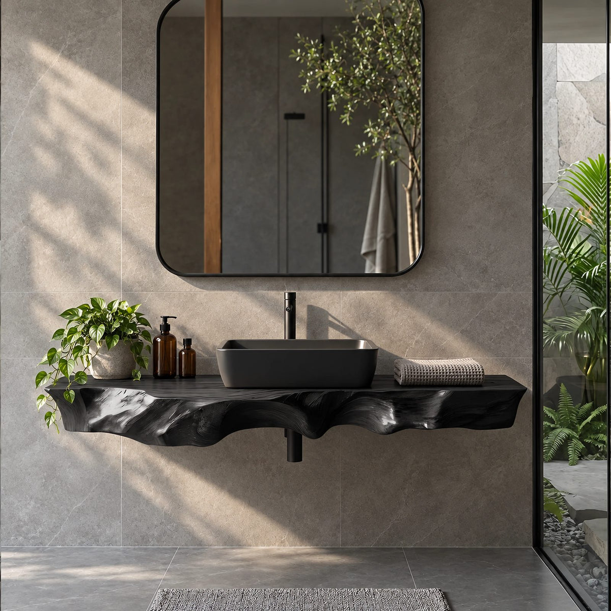 Handcrafted Floating Bathroom Vanity Top With Sculpted Drip Live Edge