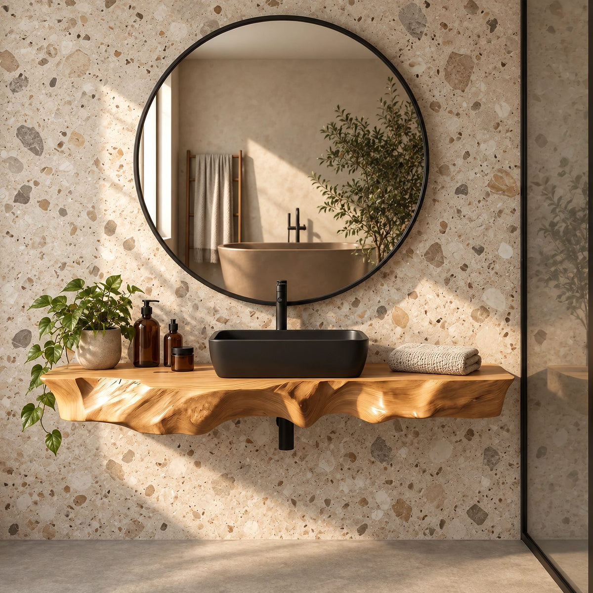 Handcrafted Floating Bathroom Vanity Top With Sculpted Drip Live Edge