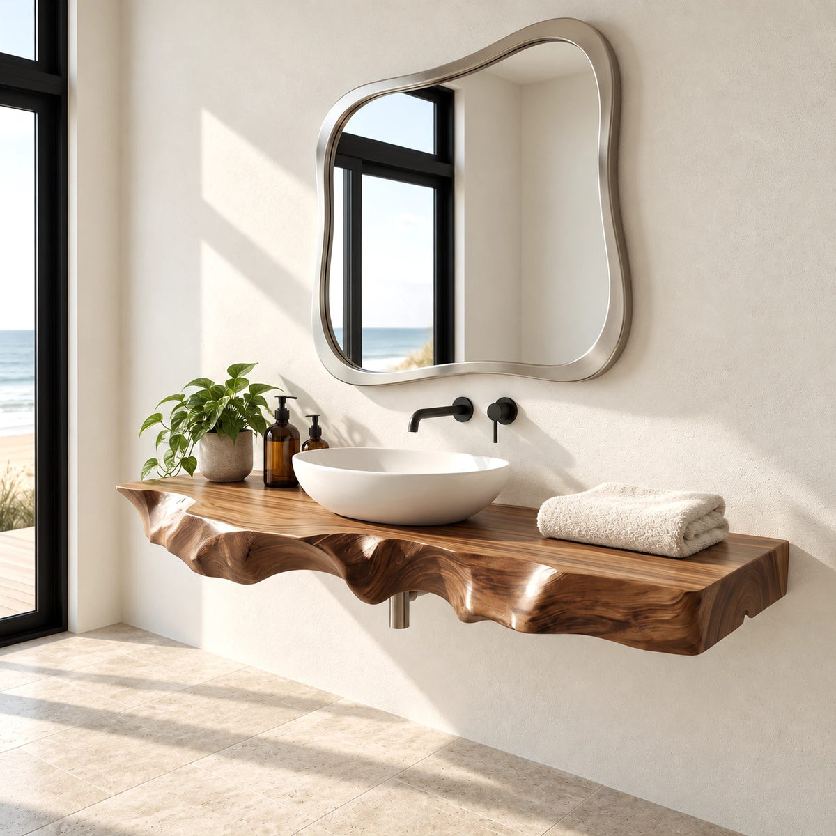 Handcrafted Floating Bathroom Vanity Top With Sculpted Drip Live Edge