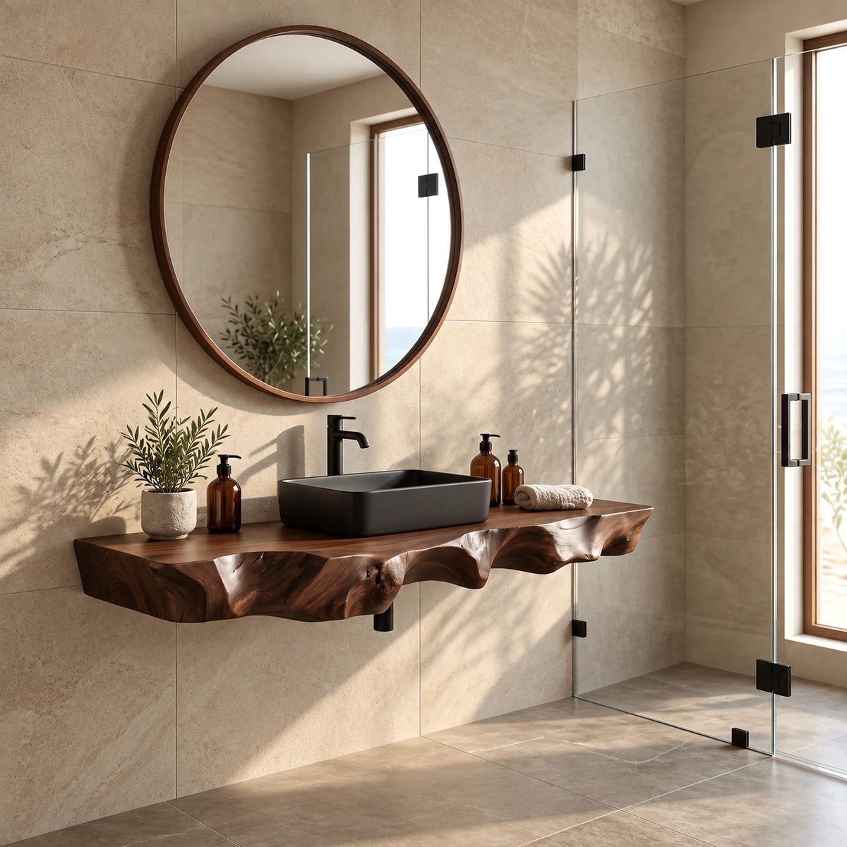 Handcrafted Floating Bathroom Vanity Top With Sculpted Drip Live Edge