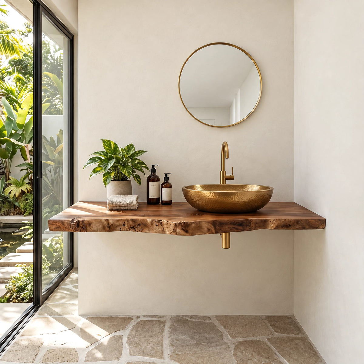 Farmhouse Wood Floating Vanity Shelf With Slim Live Edge For Powder Room