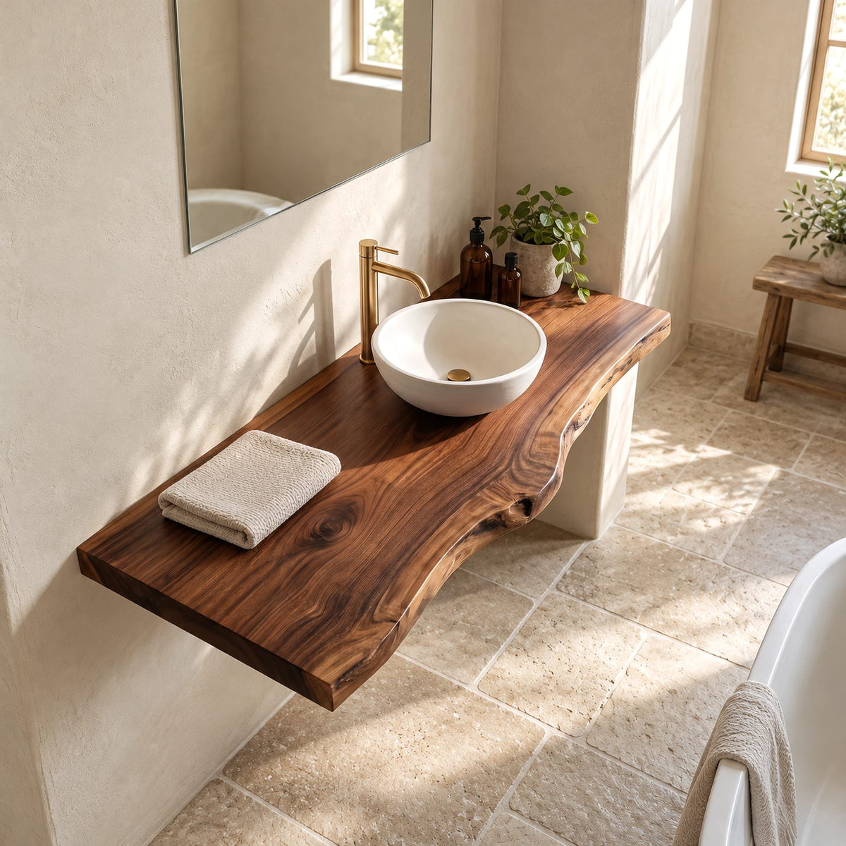 Farmhouse Wood Floating Vanity Shelf With Slim Live Edge For Powder Room