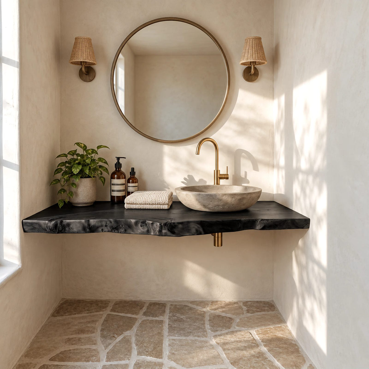 Farmhouse Wood Floating Vanity Shelf With Slim Live Edge For Powder Room