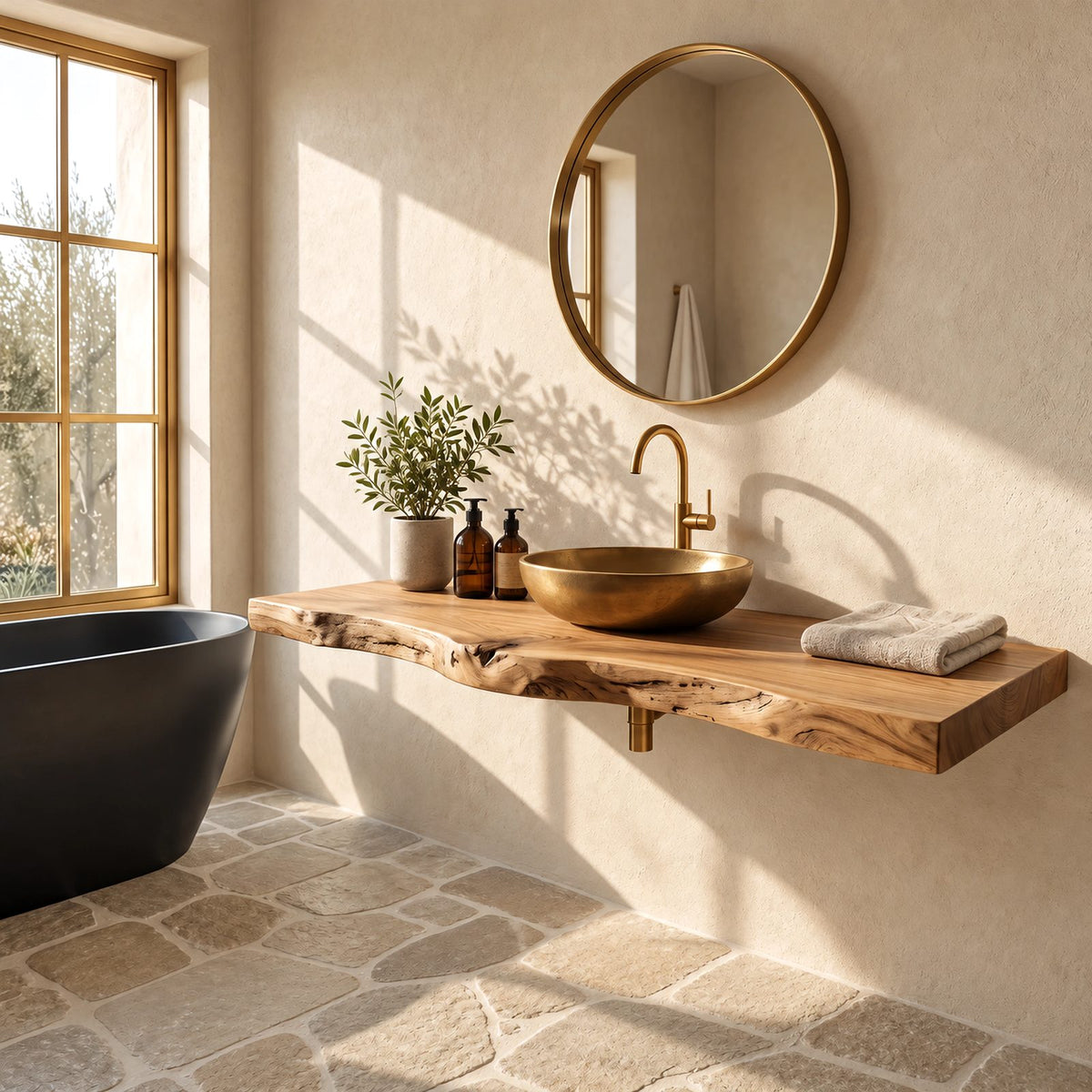 Farmhouse Wood Floating Vanity Shelf With Slim Live Edge For Powder Room
