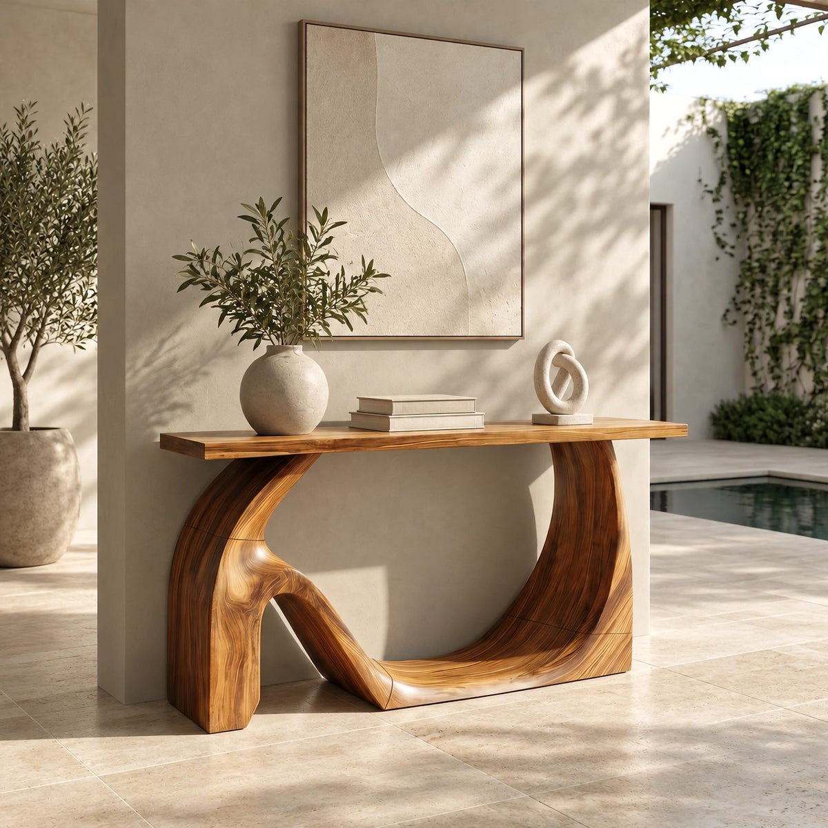 Sculptural Solid Wood Console Table With Wave Base For Entryway
