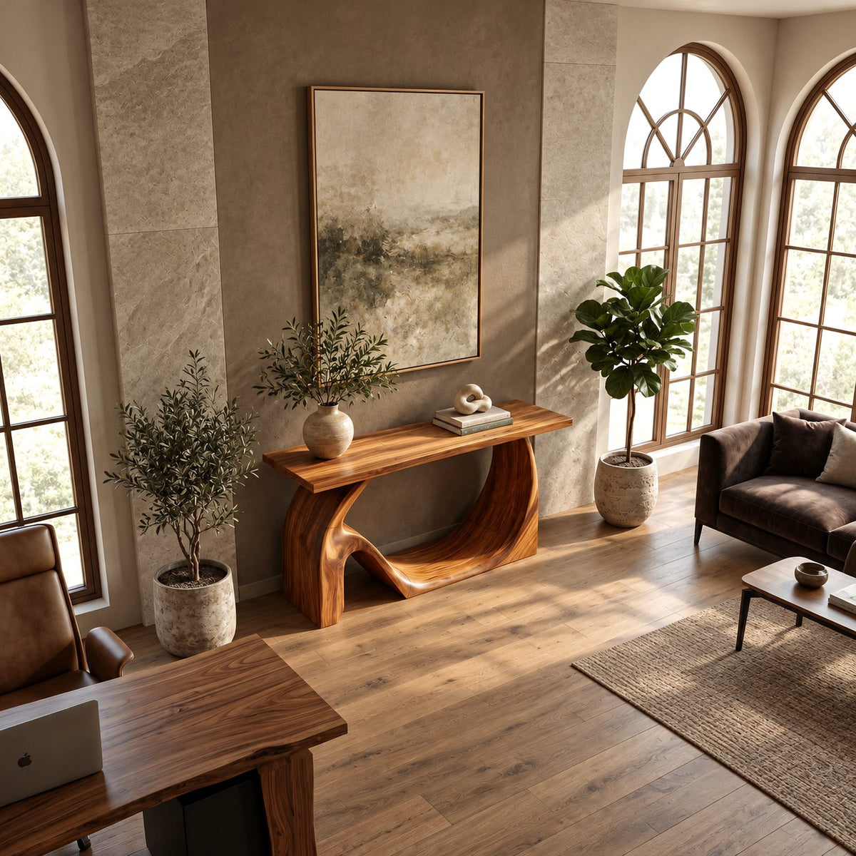 Sculptural Solid Wood Console Table With Wave Base For Entryway