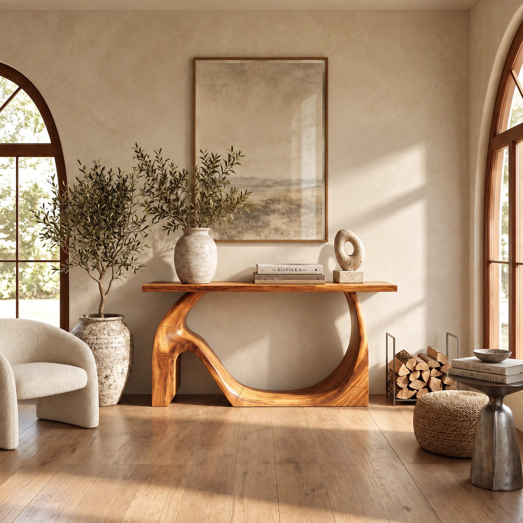 Sculptural Solid Wood Console Table With Wave Base For Entryway