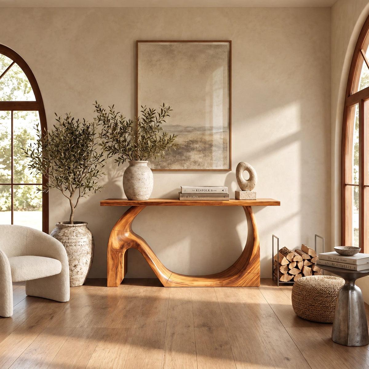 Sculptural Solid Wood Console Table With Wave Base For Entryway