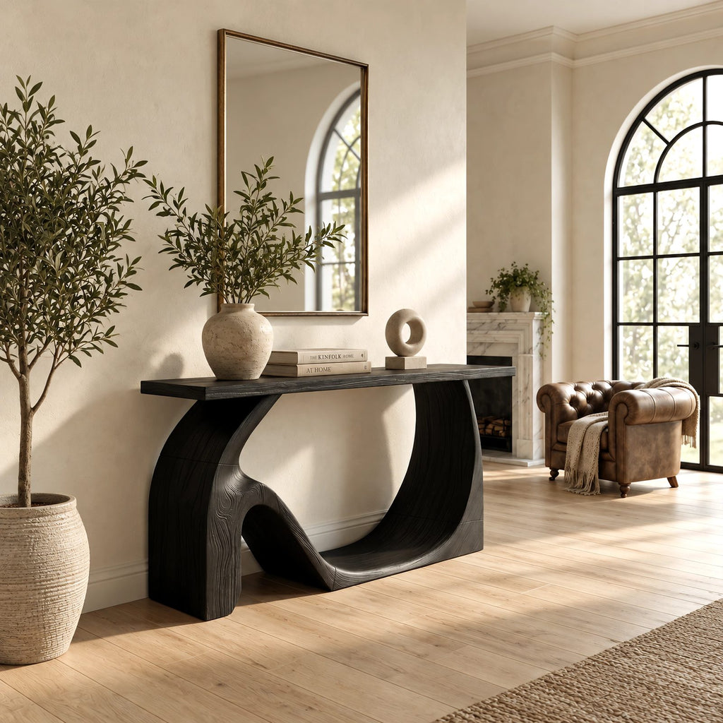 Sculptural Solid Wood Console Table With Wave Base For Entryway