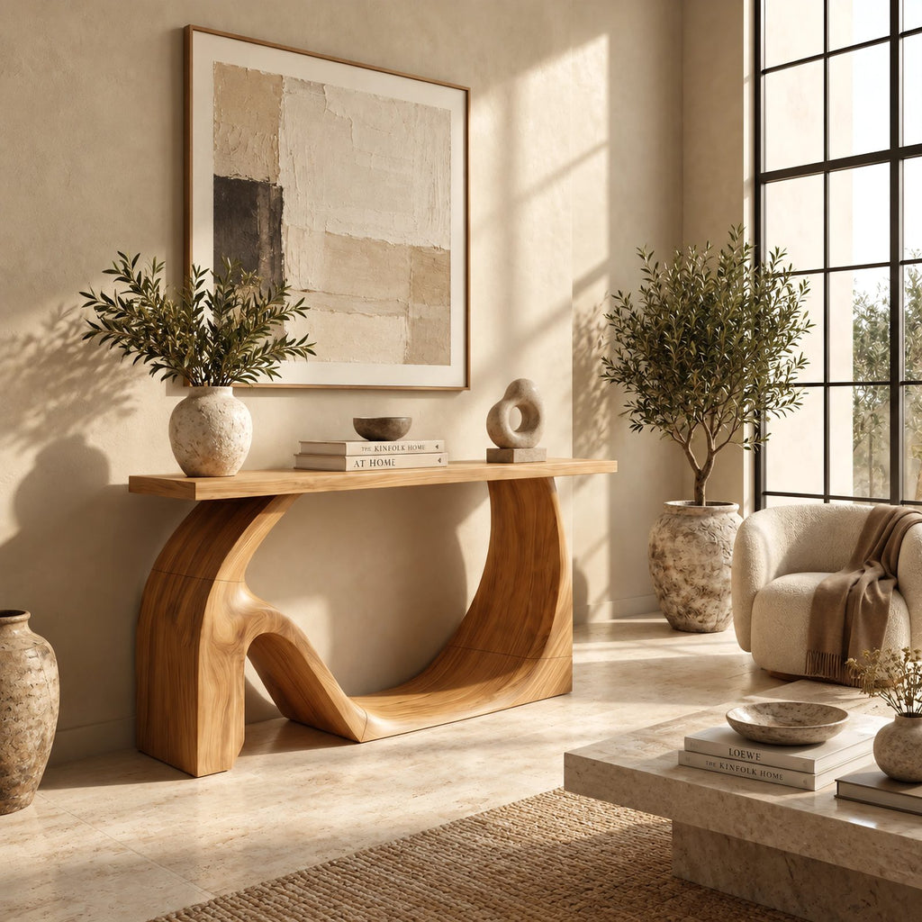 Sculptural Solid Wood Console Table With Wave Base For Entryway