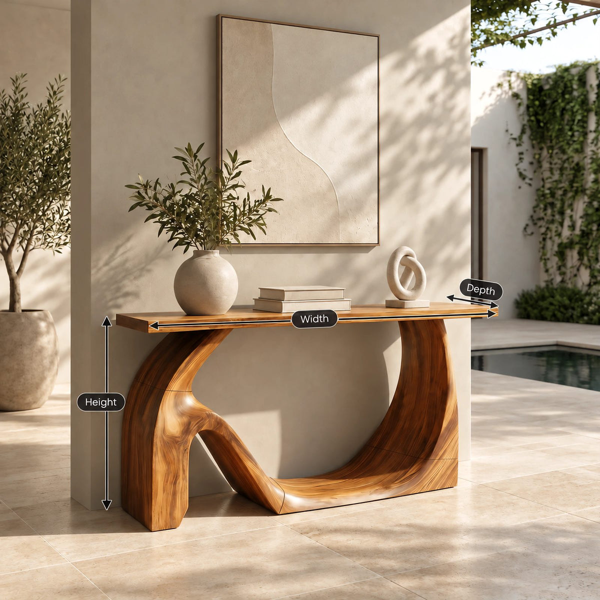 Sculptural Solid Wood Console Table With Wave Base For Entryway
