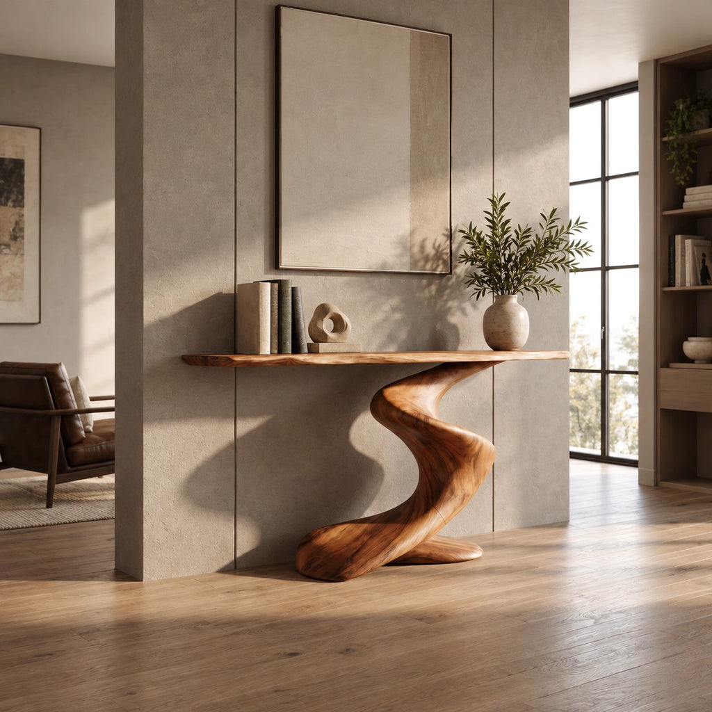 Modern Curved Wooden Console Table With Twisted S Base For Hallway