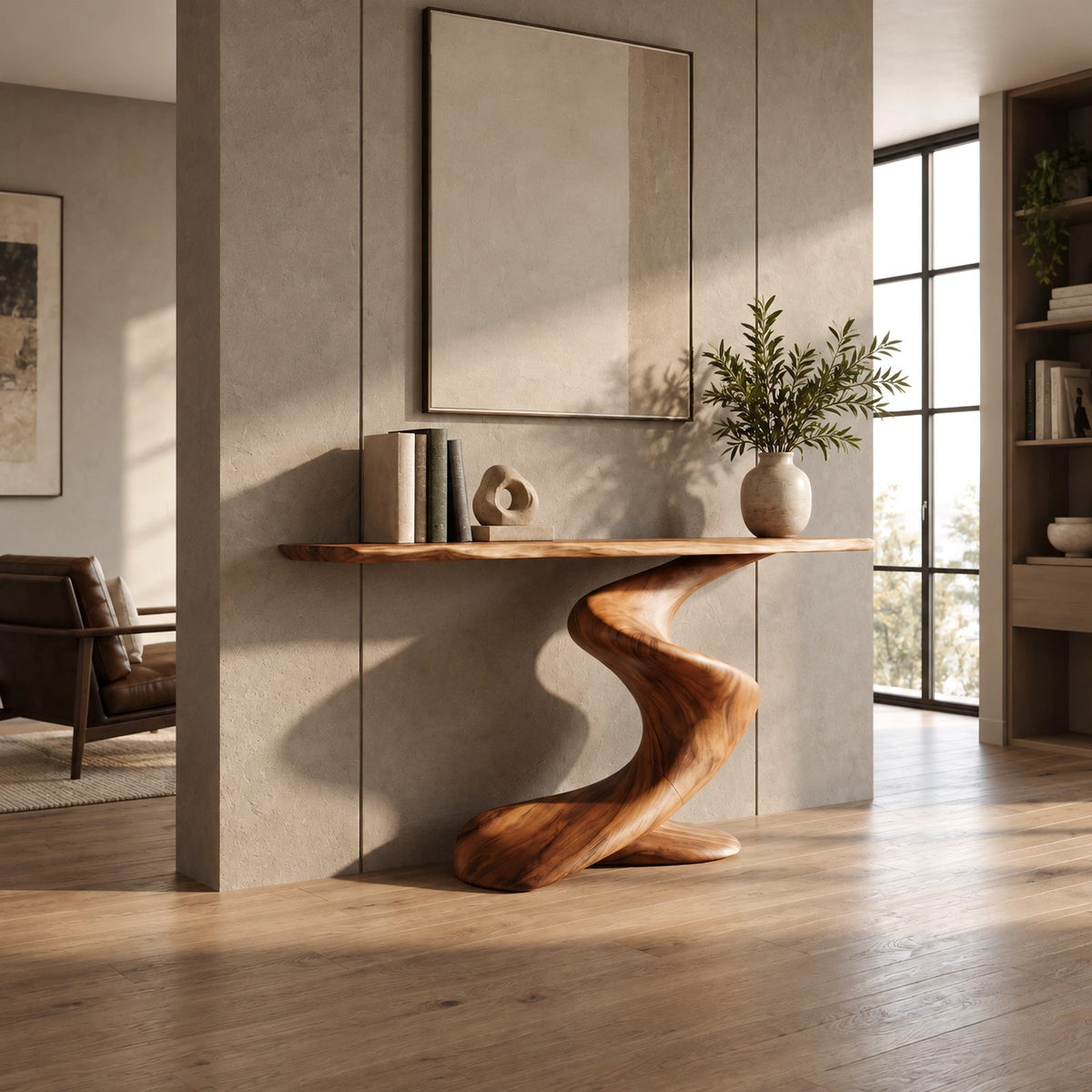 Modern Curved Wooden Console Table With Twisted S Base For Hallway