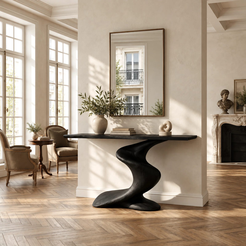 Modern Curved Wooden Console Table With Twisted S Base For Hallway