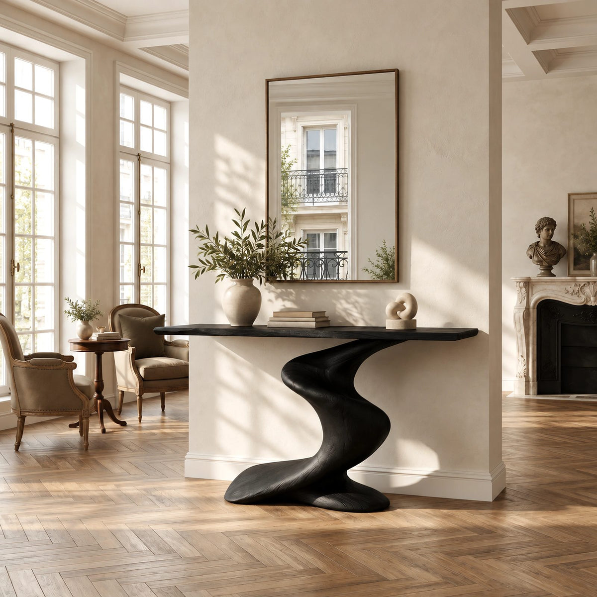 Modern Curved Wooden Console Table With Twisted S Base For Hallway