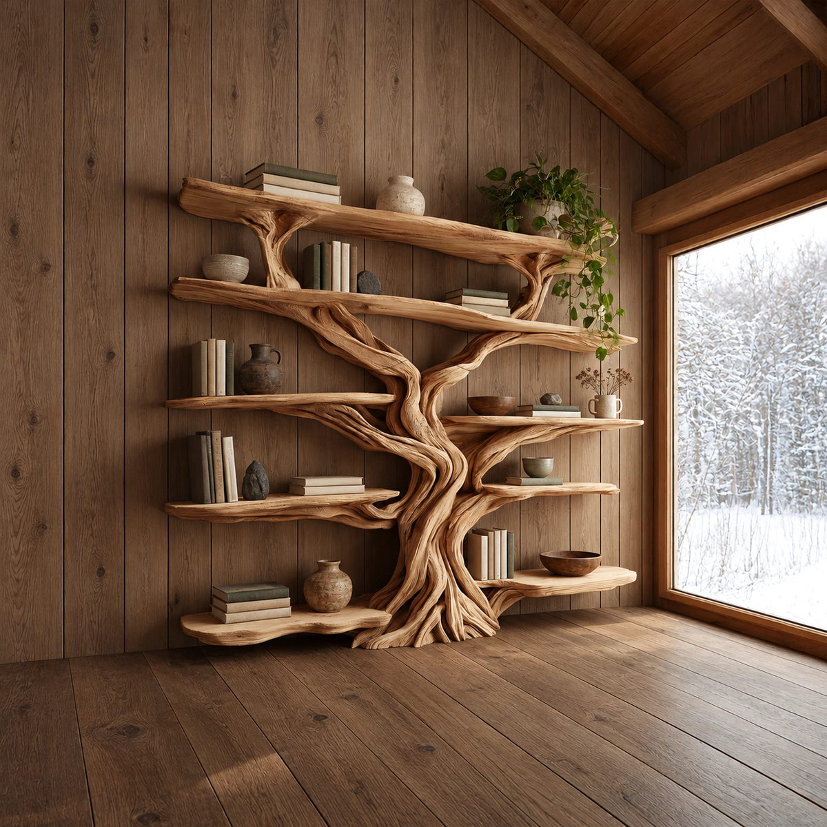 Rustic Wall Tree Bookshelf With Live Edge Branch Shelves For Living Room