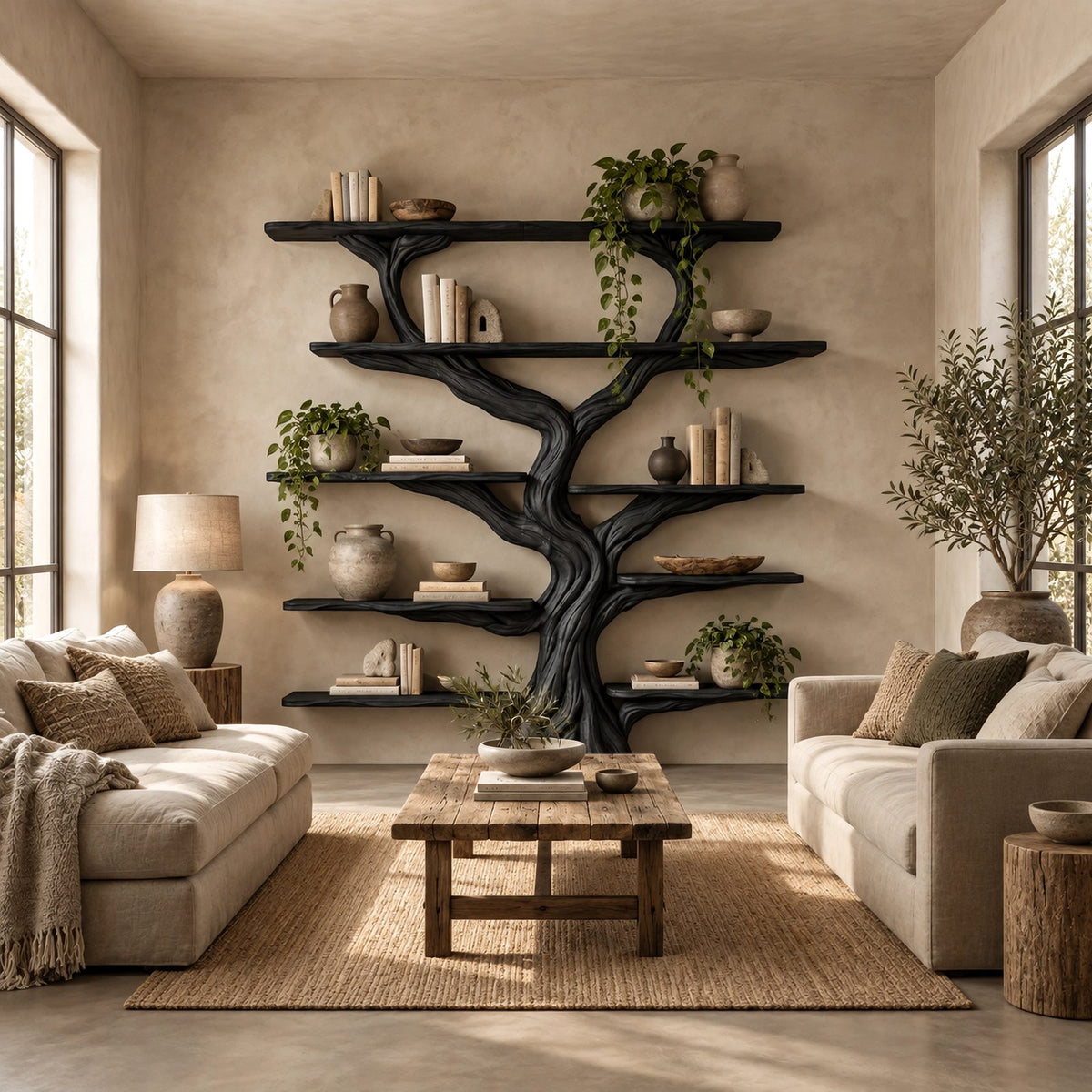 Rustic Wall Tree Bookshelf With Live Edge Branch Shelves For Living Room