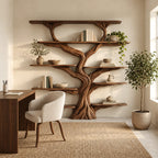 Rustic Wall Tree Bookshelf With Live Edge Branch Shelves For Living Room