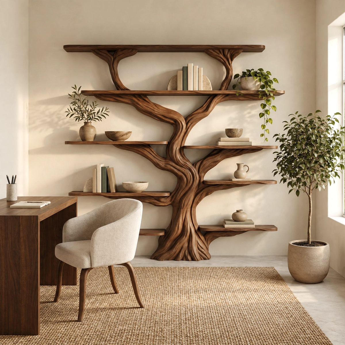 Rustic Wall Tree Bookshelf With Live Edge Branch Shelves For Living Room