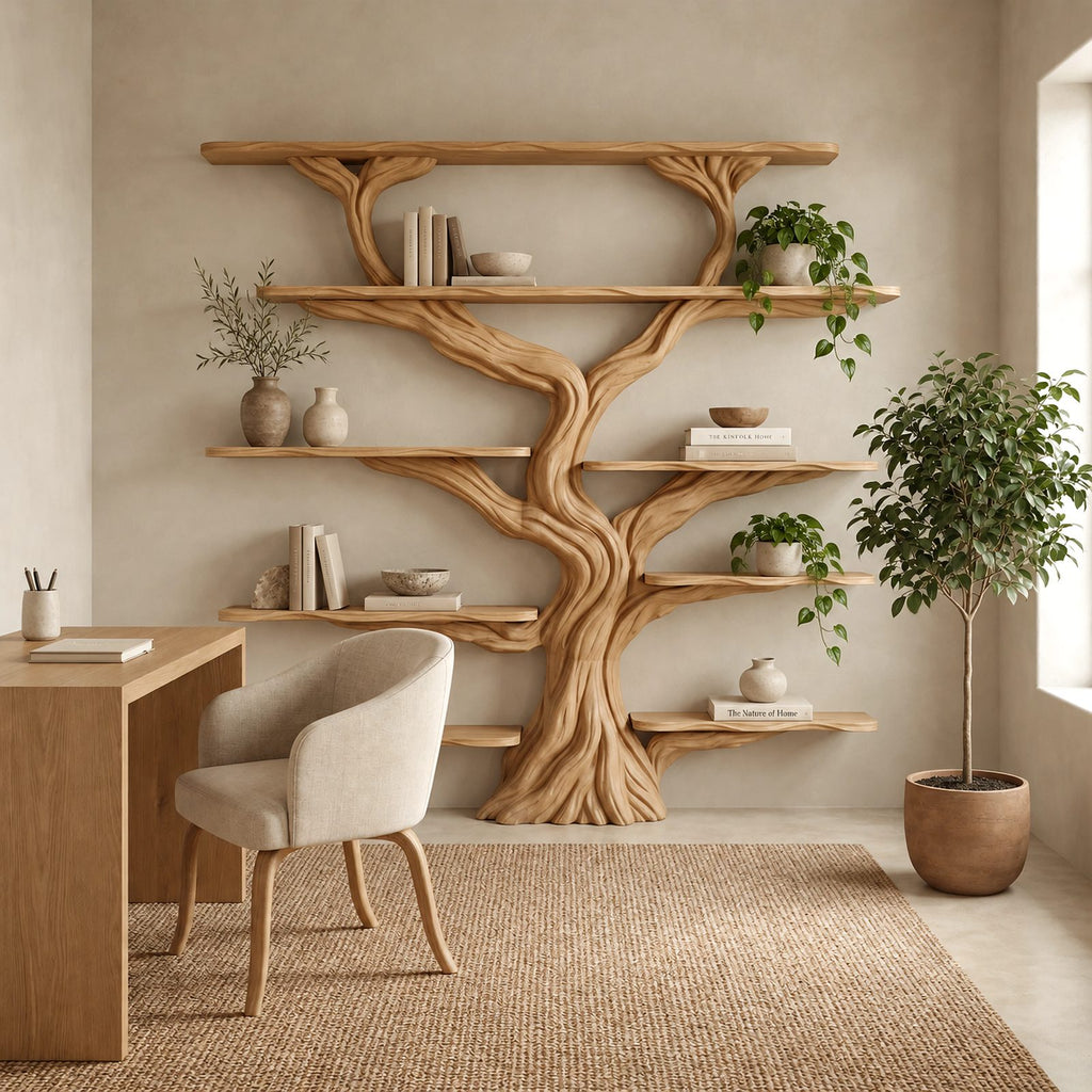 Rustic Wall Tree Bookshelf With Live Edge Branch Shelves For Living Room