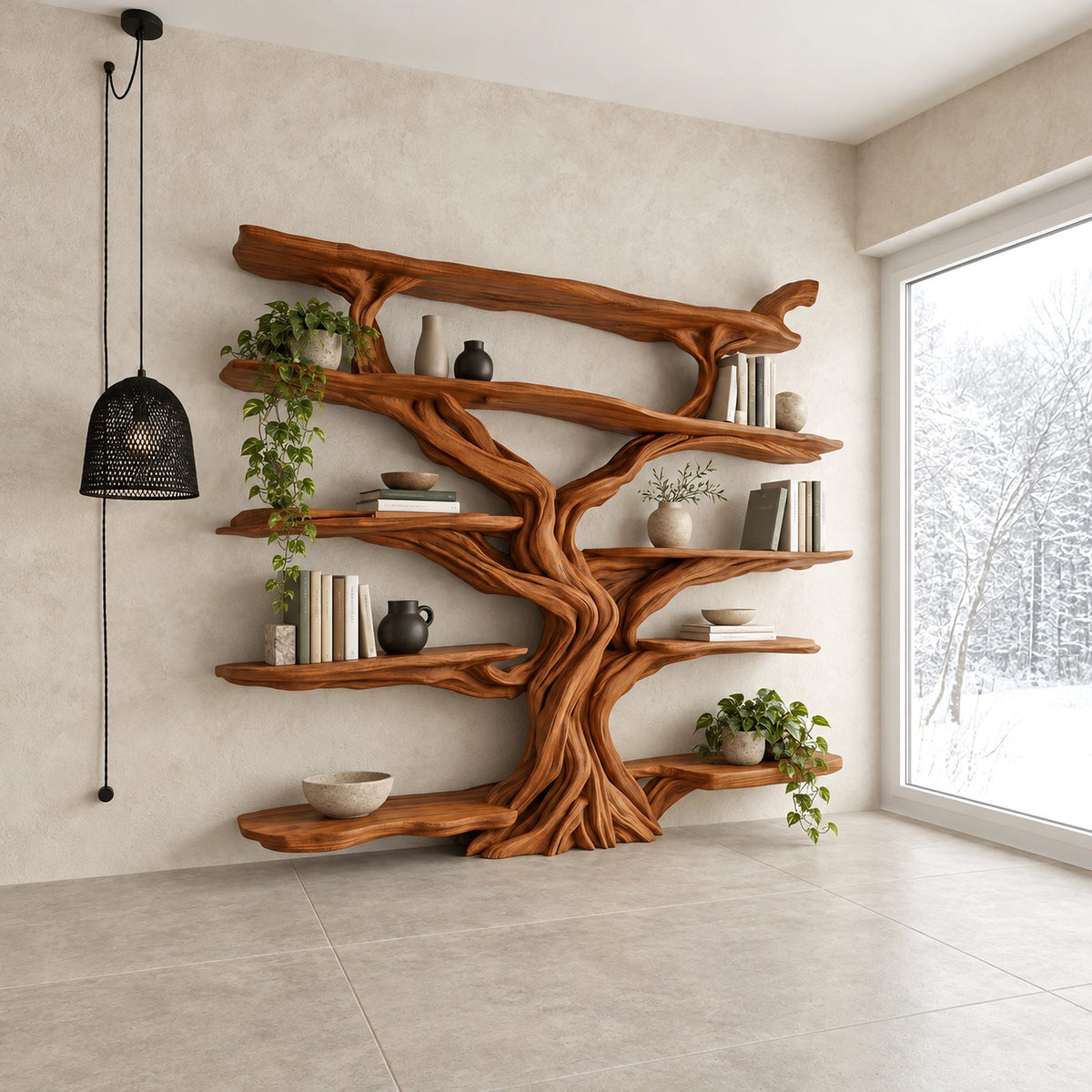 Rustic Wall Tree Bookshelf With Live Edge Branch Shelves For Living Room