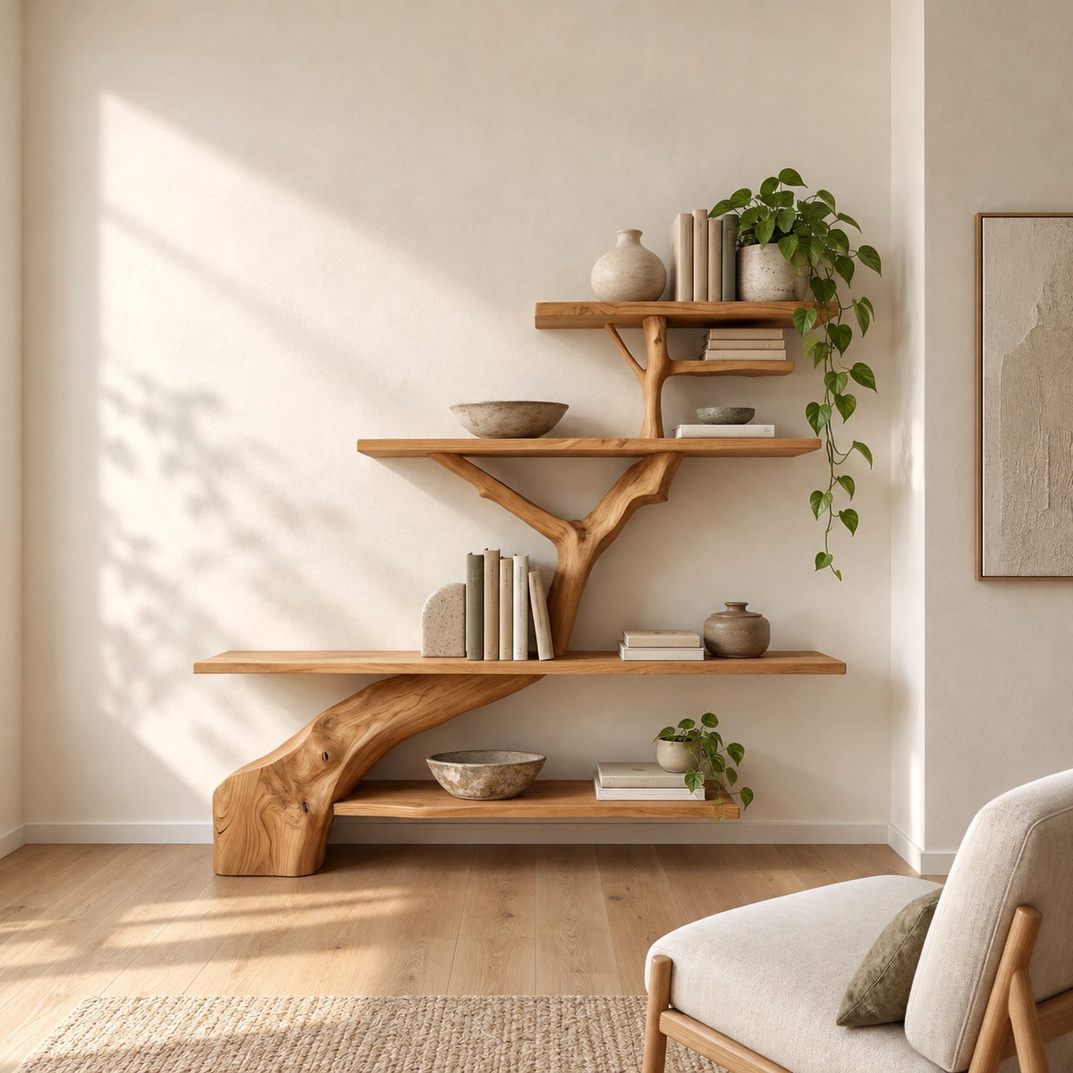 Minimalist Tree Trunk Wall Bookshelf With Tiered Shelves For Living Room