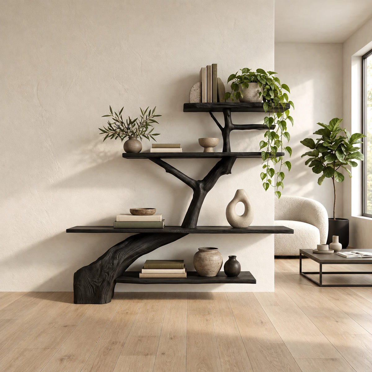 Minimalist Tree Trunk Wall Bookshelf With Tiered Shelves For Living Room