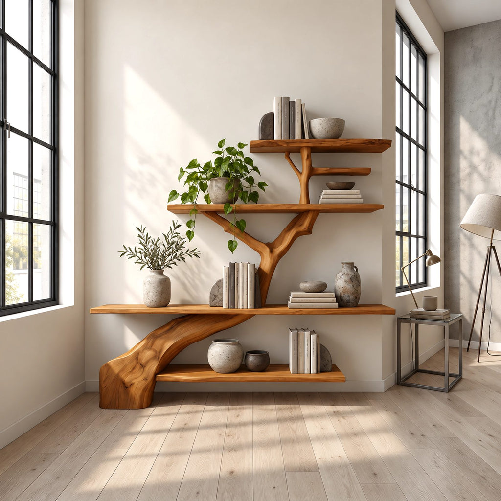 Minimalist Tree Trunk Wall Bookshelf With Tiered Shelves For Living Room