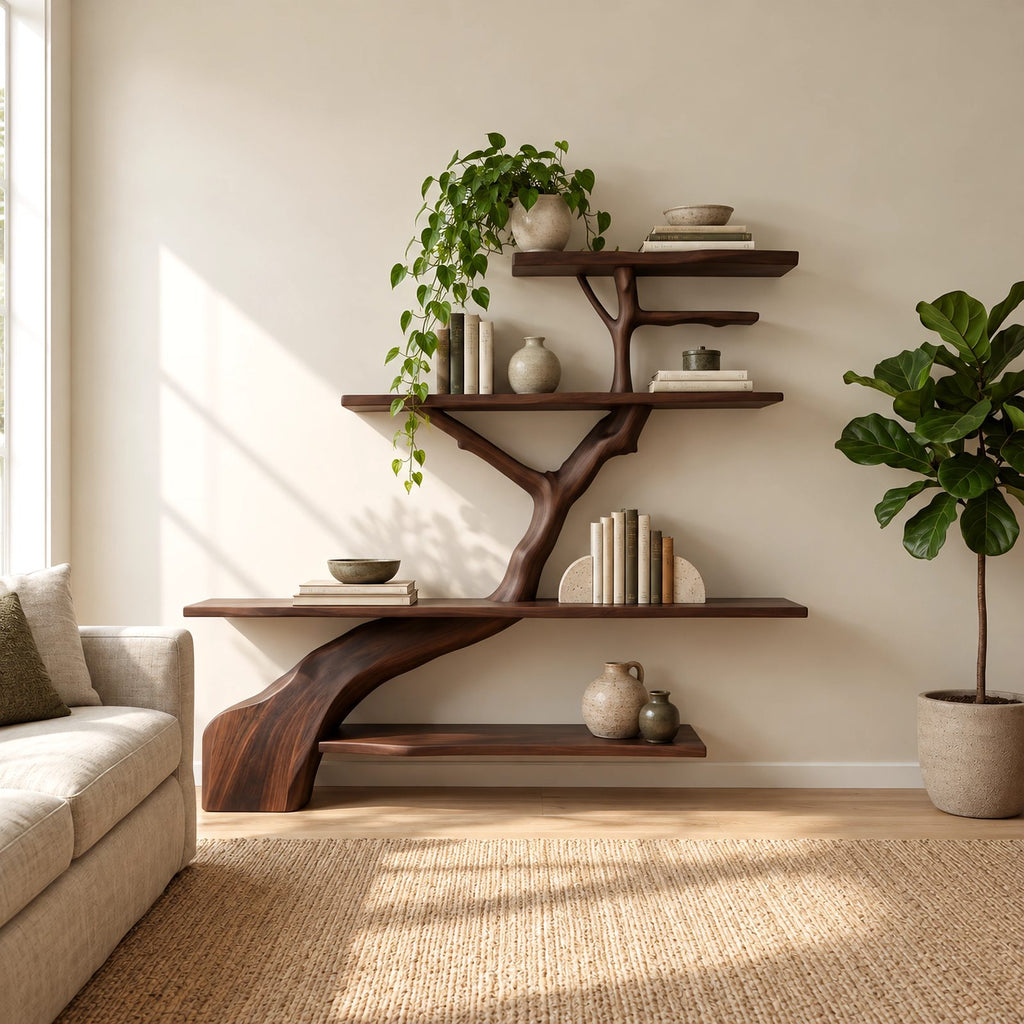 Minimalist Tree Trunk Wall Bookshelf With Tiered Shelves For Living Room