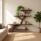 Minimalist Tree Trunk Wall Bookshelf With Tiered Shelves For Living Room