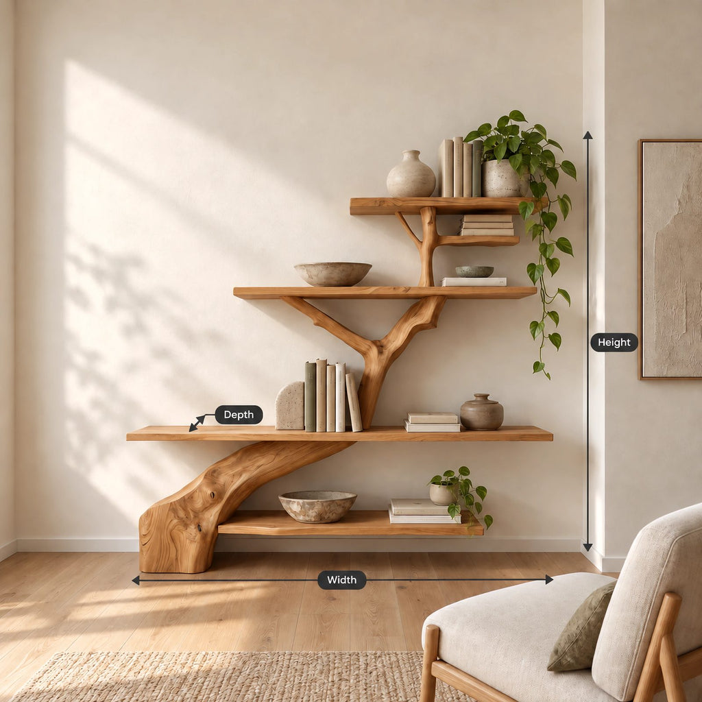 Minimalist Tree Trunk Wall Bookshelf With Tiered Shelves For Living Room